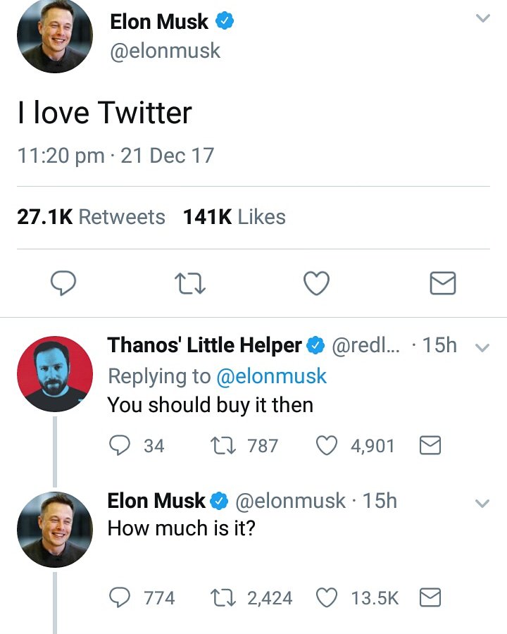 vr4ucompany's tweet photo. Elon Musk witty reply on Twitter.
#elonmusk #elon #tesla #spacex #musk #twitter #tweet #witty #wittyreply #tweets #humor #comedy #techno #technews #tech #technology #like4like #likeforlike #likeforfollow #followforfollow #follow4follow #vr4ucompany #vr4u https://t.co/y44PMfny8T