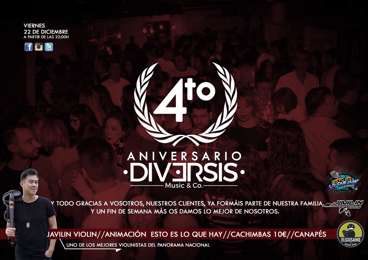 🔹4° ANIVERSARIO DE DIVERSIS🔹

//Este viernes a partir de las 23//

✨¡¡ Vive una noche MÁGICA llena de SORPRESAS!!✨

💠 NUEVA IMAGEN...MISMA ESENCIA*💠