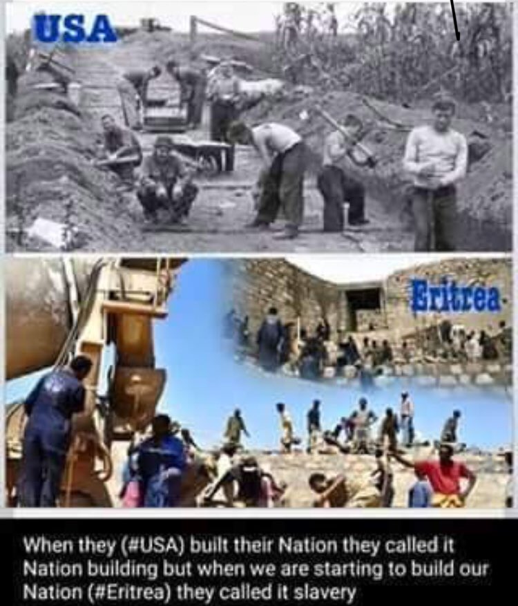 ShaebiaEritrea's tweet photo. What’s the difference in #Nationbuilding between #USA and #Eritrea.Its legitim for the one and a committed crime by the other.#Doublemoral These #slavery claim is a Propaganda to stop #Eritrea|s Development created by #AI #TPLF #SheilaBKeetharuth #COIEritrea #USA #EU #Soros https://t.co/wACnMij5G2