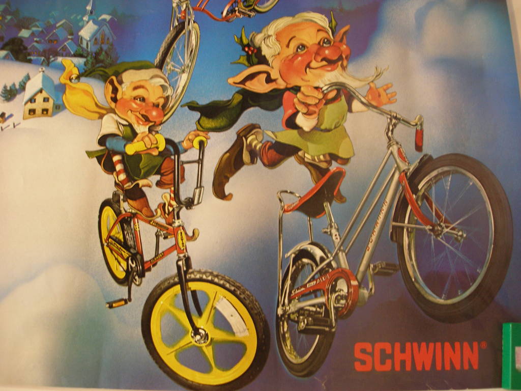 TandemDesignUK's tweet photo. What a delightful (or utterly terrifying) vintage Christmas poster from Schwinn Bicycles @RideSchwinn #TisTheSeason #Design https://t.co/tWhc49qui9