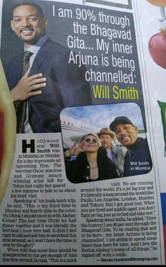 The legendary Will Smith experiencing the power of the ancient wisdom of the #BhagavadGita as it is and its timeless knowledge