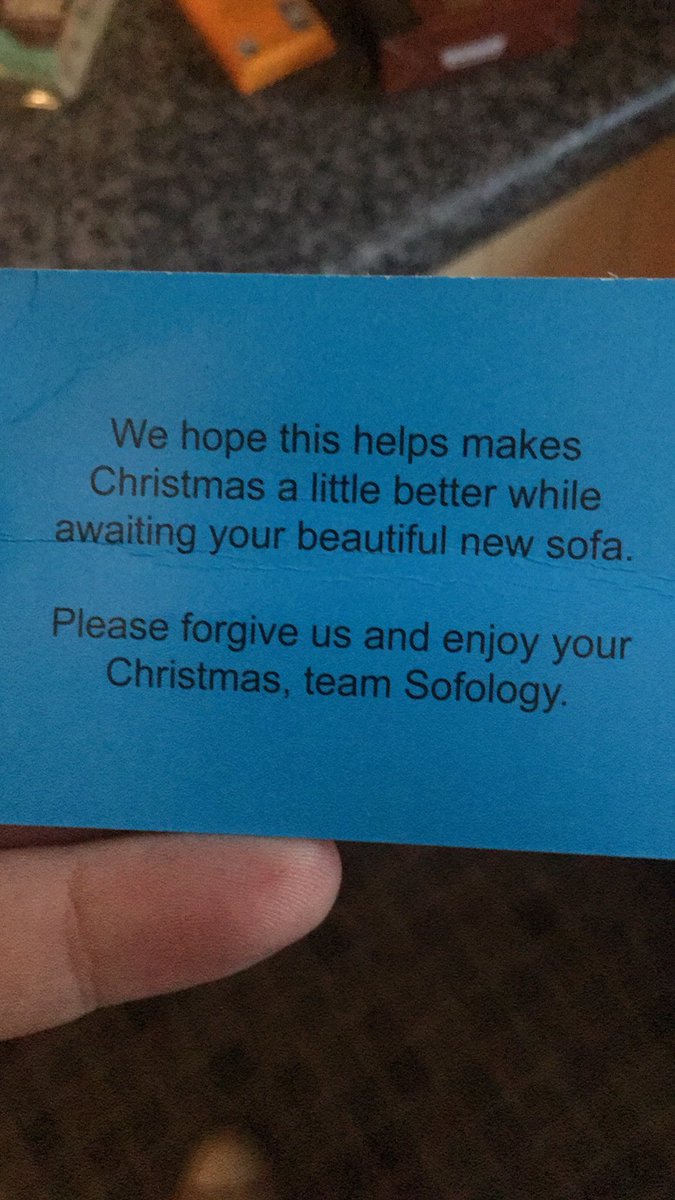 Grapevine101's tweet photo. @Sofology Ordered back in October. Delayed twice and now not getting before Xmas as promised. Even the apology ‘hamper’ has been spelt wrong #nofology #sofa https://t.co/fd6HzfcM5o