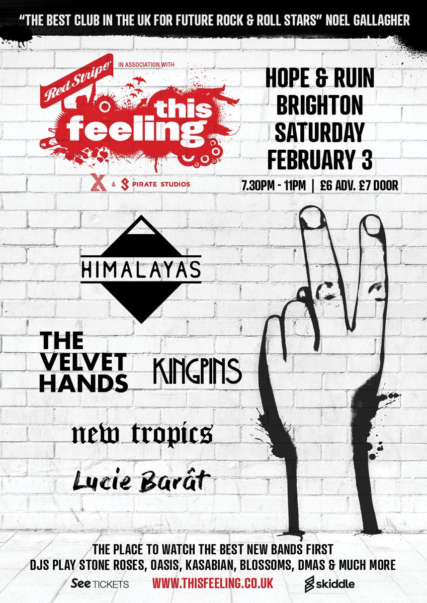 03/02/18 || WE SUPPORT @Himalayas_band AT <a href="/thehopeandruin/">The Hope & Ruin</a>, BTN

BIG UP <a href="/This_Feeling/">This Feeling</a> @RedStripeLager @PirateStudiosUK 

NO SLEEP

TICKETS: skiddle.com/e/13111733/?sk…