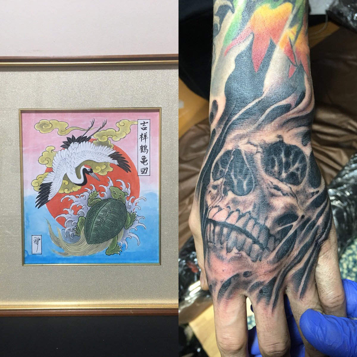 彫和舜 Washun Sur Twitter 手の甲にスカル 今回は下地まで それと祖母に絵のプレゼント Tattoo Tattoo Tattoo タトゥー 刺青 髑髏 鶴亀 縁起絵 三軒茶屋
