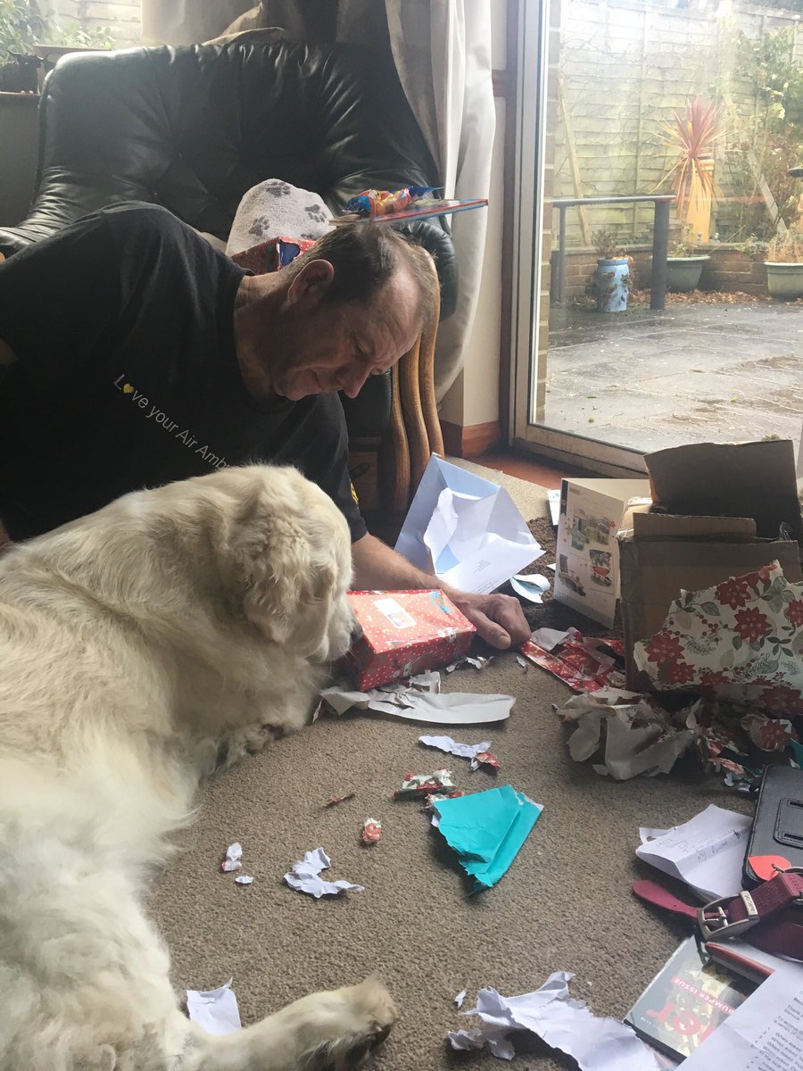 stephmarkmolly's tweet photo. Molly is just helping Dad open his birthday presents ๐ notice he always gets his birthday present wrapped in xmas paper, #tooclosetochristmas #birthdayboy https://t.co/4PL5OthSvu