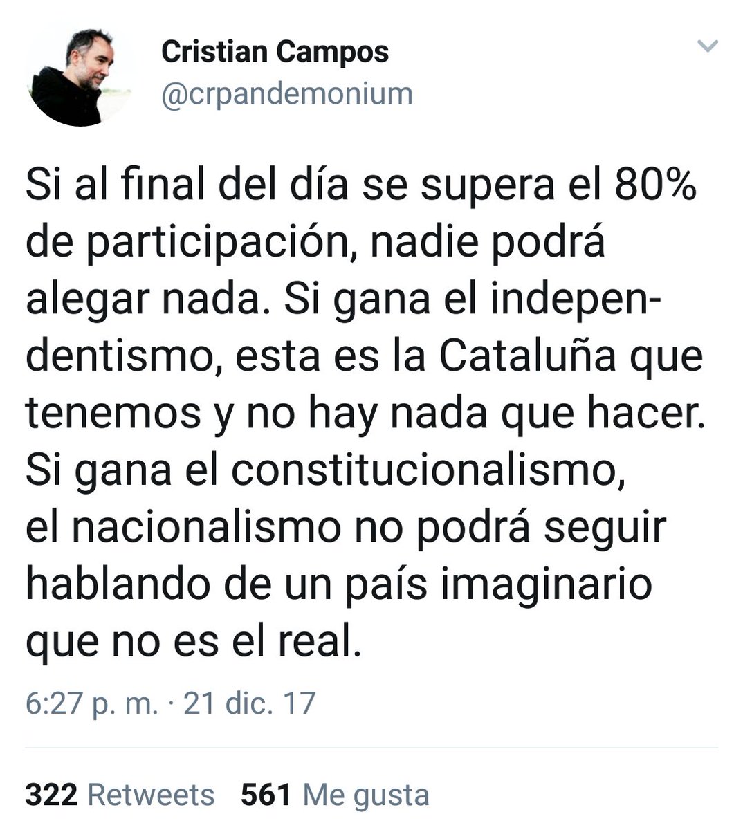 gallifantes's tweet photo. - Si se supera el 80% nadie podrá  alegar nada
- Superado. Y han ganado los indepes
- Alego que es porque la Catalunya rural blablabla 
Y luego decís que los indepes nos autoengañamos @crpandemonium https://t.co/XL0s85MAHz