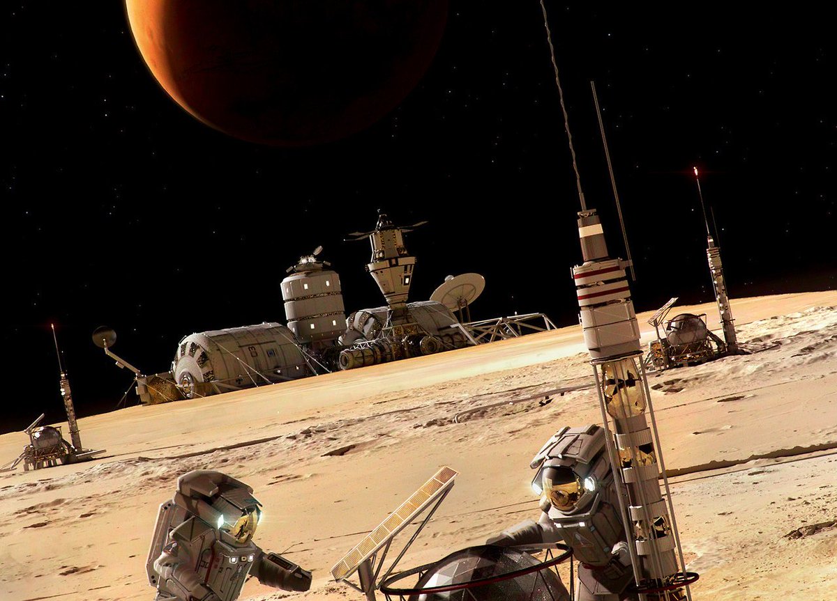 Picture of the Day -
Astronauts inspecting water extractor on Deimos (2nd moon of #Mars) by Maciej Rebisz <a href="/voyager212/">Mac Rebisz / voyager212 / macspace.bsky.social</a>.
Full image here: humanmars.net/2017/12/astron…