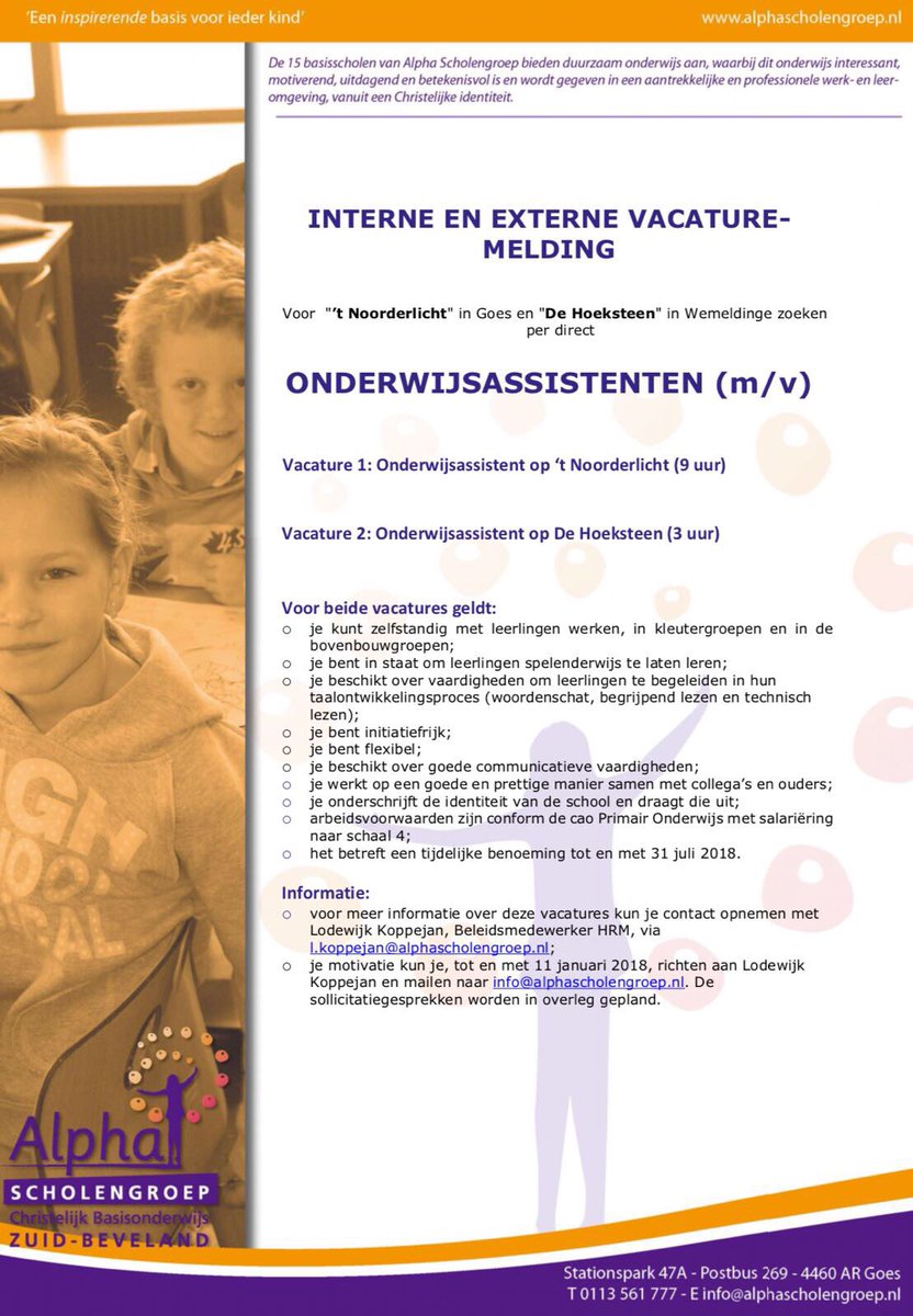 We zijn op zoek naar enthousiaste onderwijsassistenten en een bevlogen leerkracht. Solliciteer je mee?!!