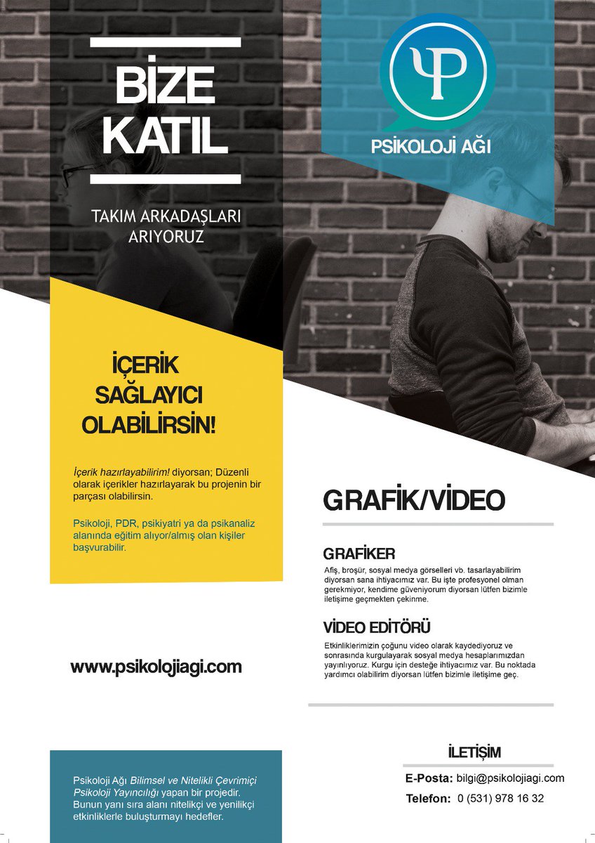 Psikoloji Ağı olarak, uzun zamandır ‘ekibinizde yer almak istiyorum’ mesajları alıyor ve duyduğunuz ilgiyle mutlu oluyorduk.

Sizler de Psikoloji Ağı Projesi'nin bir parçası olabilir ve kendinizi ön plana çıkarma fırsatı yakalayabilirsiniz.

Başvuru için: psikolojiagi.com/iletisim/icerik