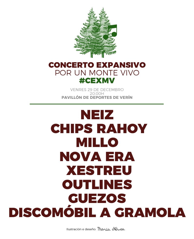 Este 29 todas a #Verín.
Un novo Concerto Expansivo por un Monte Vivo.
Porque agora non arde, pero o noso monte precisa da nosa solidariedade.
O desastre dos incendios continúa coas choivas do inverno.
Non faltedes. #CExMV 
facebook.com/events/1972083…