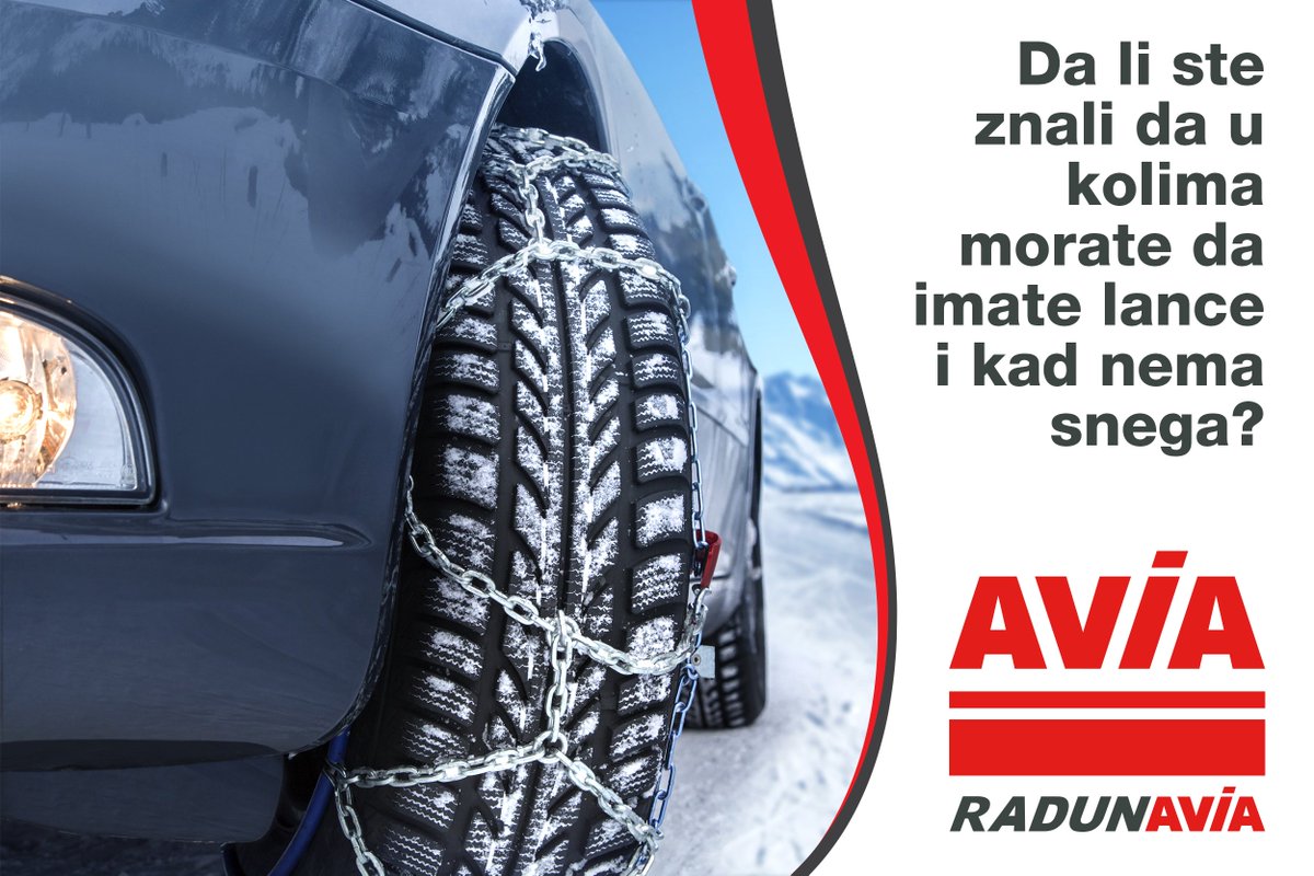 RadunAVIA's tweet photo. Da li znate kada morate da imate zimske lance? ❄️⛓️  🚗
Sigurno vas bune pravila koja se tiču zimske opreme u zimskom periodu ako nema snega.  Objašnjenje prema Auto moto savezu Srbije vas čeka na našoj facebook stranici-https://t.co/IeSvrDm6Sm 
Radun AVIA, više od goriva! ⛽ https://t.co/Xs9xnpnBBf
