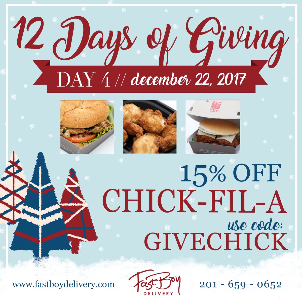FastBoyDelivery's tweet image. DAY 4 of 12 DAYS OF GIVING! 🎁 
15% off every CHICK-FIL-A order just enter the code GIVECHICK

fastboydelivery.com
201-659-0652

#fastboydelivery #fastboydeals #jerseycity #jcmakeityours #hoboken #bayonne #chickfila
