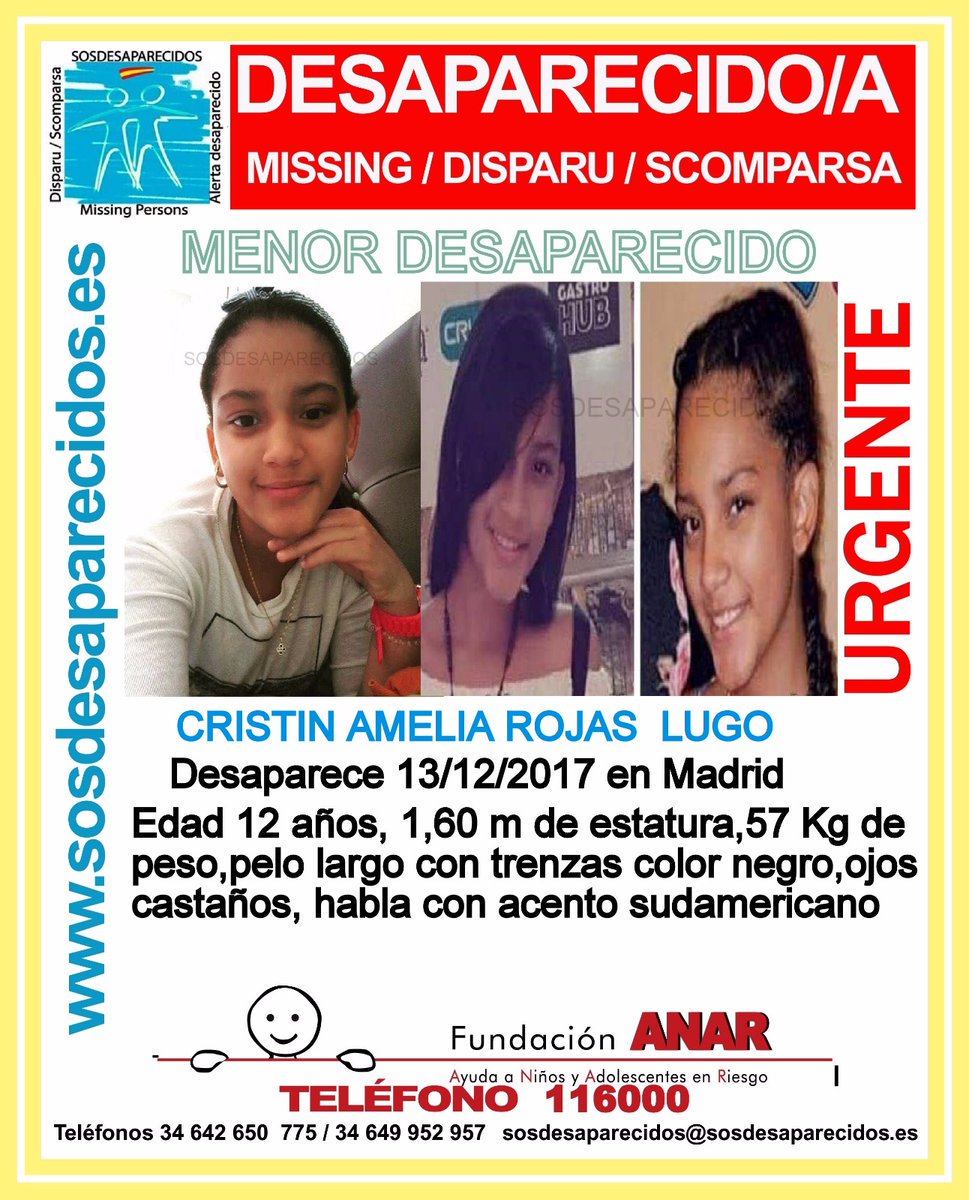 🆘MuyUrgente🔴
Cristín sigue #desaparecida. Tiene 12 años. #Madrid
Ayúdanos a encontrarla.
📞062
📞091
📞092
📞112
Tu RT no cuesta nada y puede ayudarle mucho. Gracias.