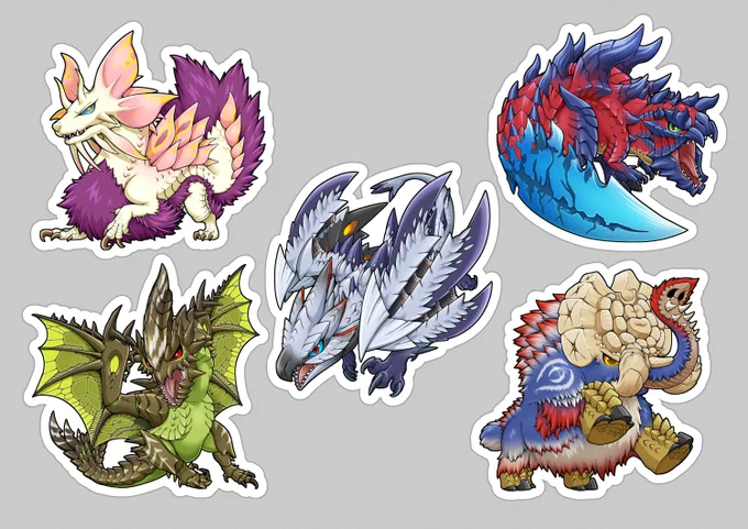 四大モンスター+バルファルクのステッカーできた!何事もなければ冬コミで頒布予定です～! #MHXX 