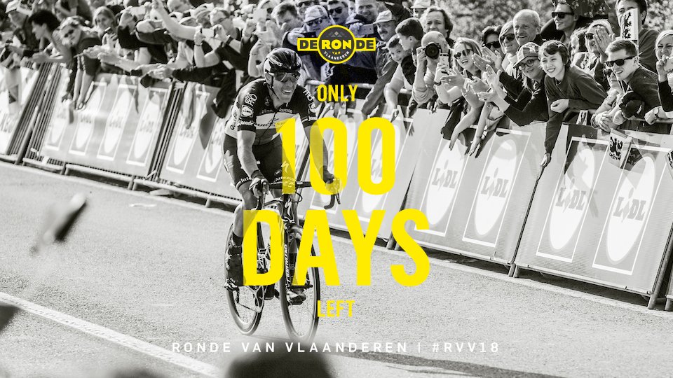 RondeVlaanderen's tweet photo. Here is some exciting news to lighten up your day: De Ronde is only 100 days away! 🤩 #RVV #RVV18 #100DAYS https://t.co/ZtMUdiOwRT