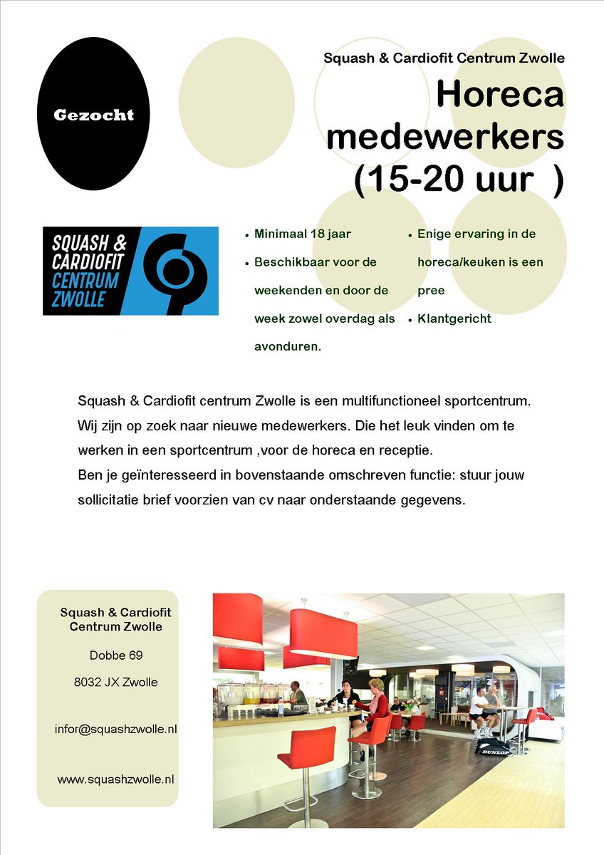 Squashzwolle's tweet photo. Kom jij ons team versterken? #vacature #horeca #sportief #Zwolle https://t.co/inXXf8PsMN