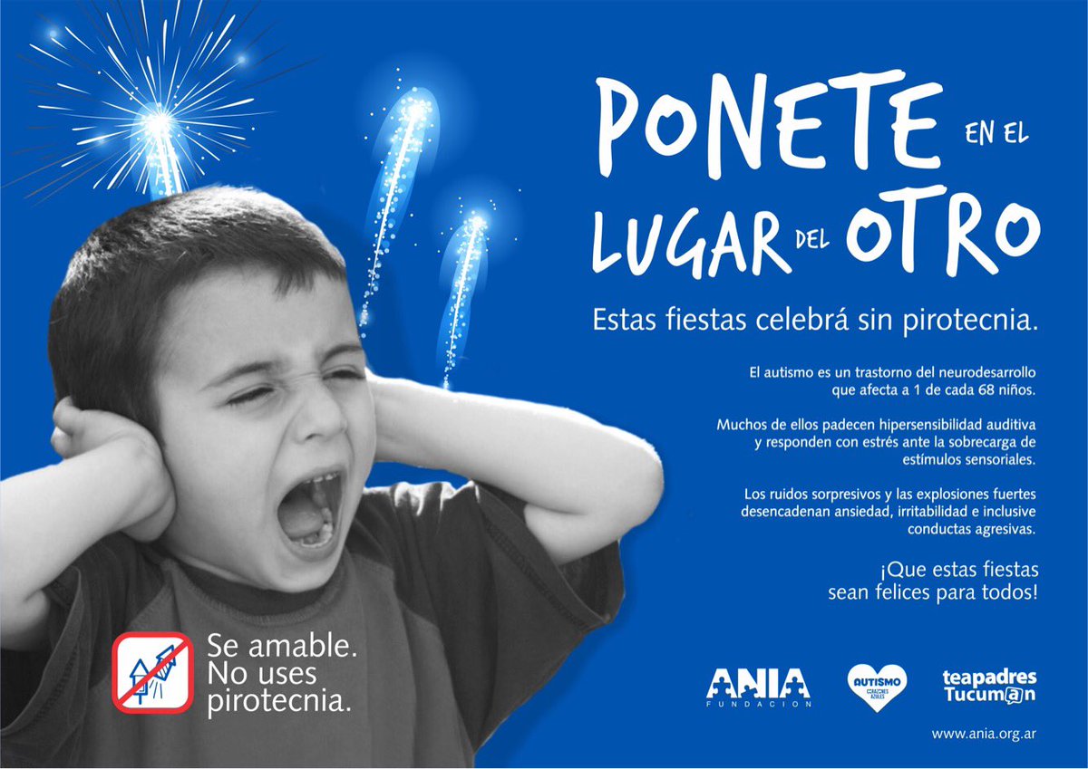 itarko's tweet photo. Muchos niños con #autismo padecen de hipersensibilidad auditiva y los estruendos y explosiones son vividas con estrés y dolor. Estas fiestas se amable, ponete en el lugar del otro y celebrá sin pirotecnia! Sumate y compartilo. Gracias! https://t.co/rgwEfg7GEl