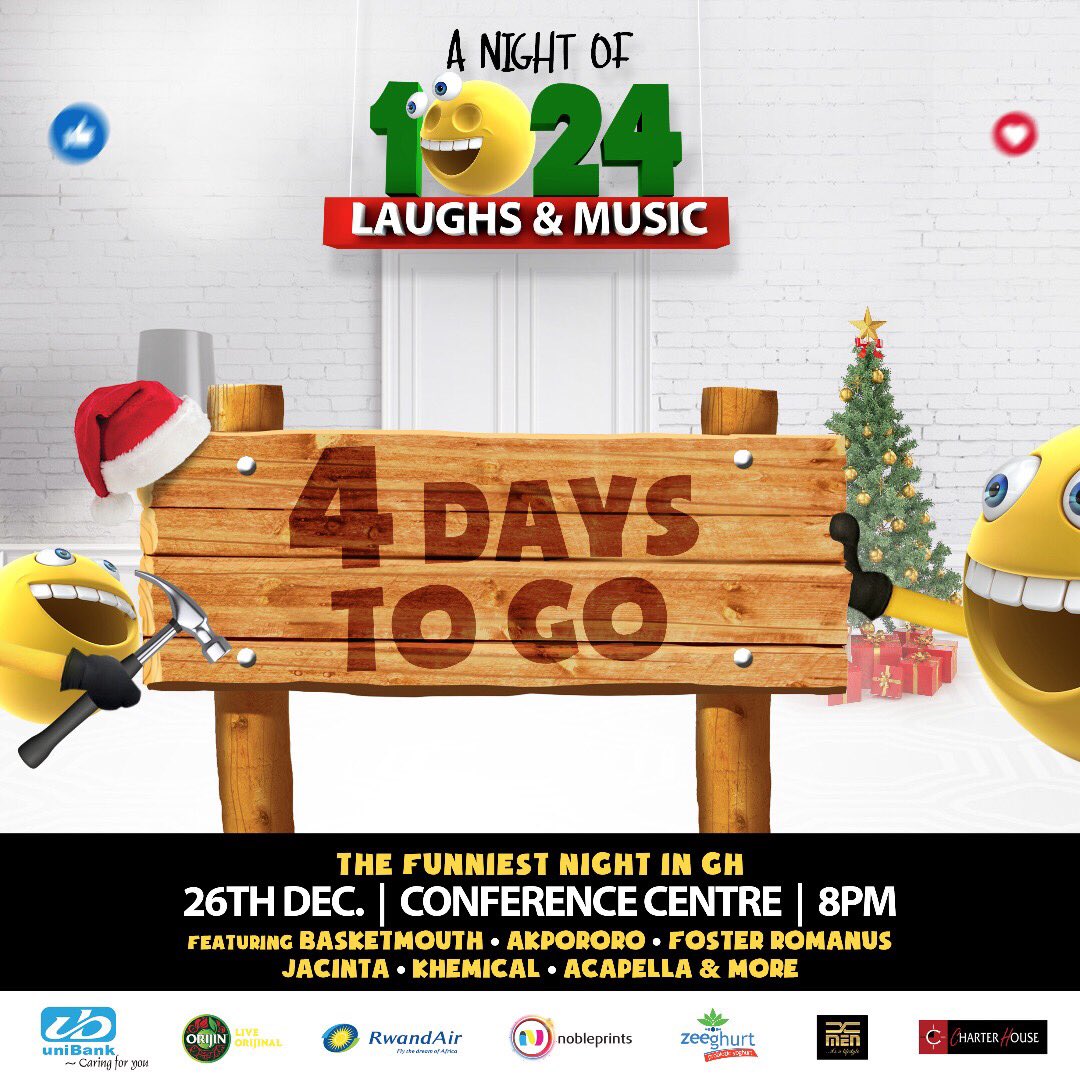 GHMusicAwards's tweet photo. 4 MORE DAYS TO THE 24th EDITION OF THE FUNNIEST NIGHT IN GH!! Night of 1024 Laughs and Music, 26/12/17 @ the Accra International Conference Centre. #1024 #boxingday #comedynight #saveyourlaughter https://t.co/Rf2T5dwx4v