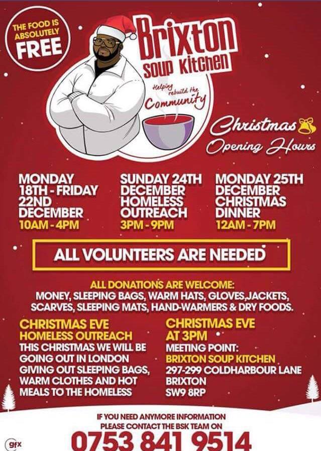 nice_sounds's tweet photo. ‼️Volunteers Required‼️ Brixton Soup Kitchen will be arranging an outreach team to assist homeless people on Christmas Eve and hosting a Christmas Dinner on Christmas Day. If you can help on the day call 
07538 419 515 https://t.co/C7NGiNoF9P Please Share ! https://t.co/uxI7UqH4sO