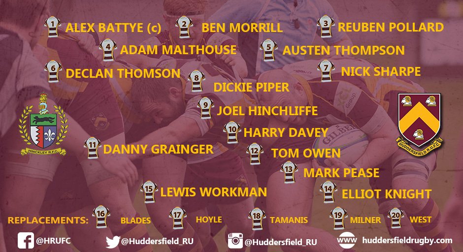 Huddersfield_RU's tweet photo. Tomorrow's team against @Hinckley_Rugby has been announced. 3pm KO. #hrufc #nca #nat2n https://t.co/CLzD4Upnga