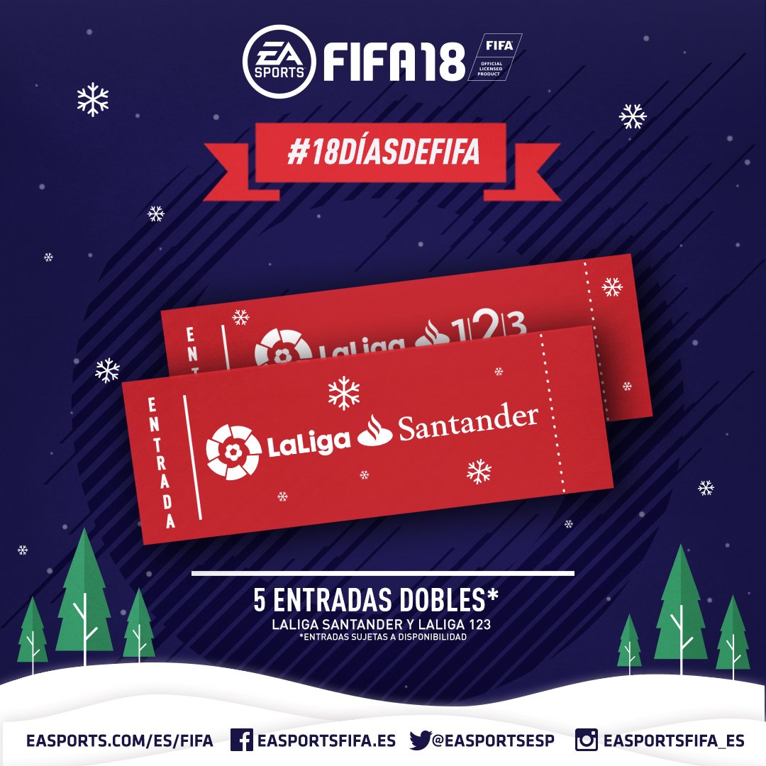 #18DíasDeFIFA 🎁
Haz RT a este tweet y podrás ganar 1 de las 5 entradas dobles de <a href="/LaLiga/">LALIGA</a> que regalamos!!

 #FIFA18 #Navidad 🎄  

📑j.mp/BasesLegales_1…