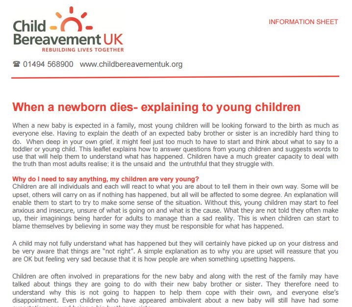 Having to explain the death of an expected baby brother or sister is an incredibly hard thing to do. Here is a helpful Information Sheet on - 
'When a newborn dies- explaining to young children' >>> buff.ly/2Bjkwqj via <a href="/cbukhelp/">Child Bereavement UK</a>