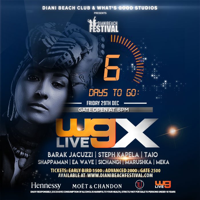 WhatsGood_LIVE's tweet photo. Time is ticking! Are you ready for #WGLX @DianiBeachFest?! 6 days to go! Grab your tickets now at https://t.co/c38Nn9IQ6D and you could be the one getting a gold ticket upgrade this Christmas eve!
#Poweredbywgl
#magicalkenya
#WGLX
#DBF2017 https://t.co/T9wrhodfIM