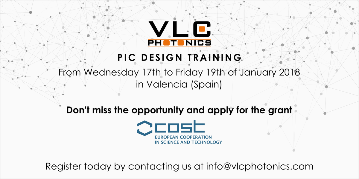 vlcphotonics's tweet photo. We are thrilled to announce that thanks to @COSTprogramme, we have been able to get financing for our upcoming Photonic Integrated Circuit design training! The COST Action will provide funds to cover trainees's trip expenses. Get more information here https://t.co/1BVJ9Ami3L https://t.co/RMKkO2tQV3
