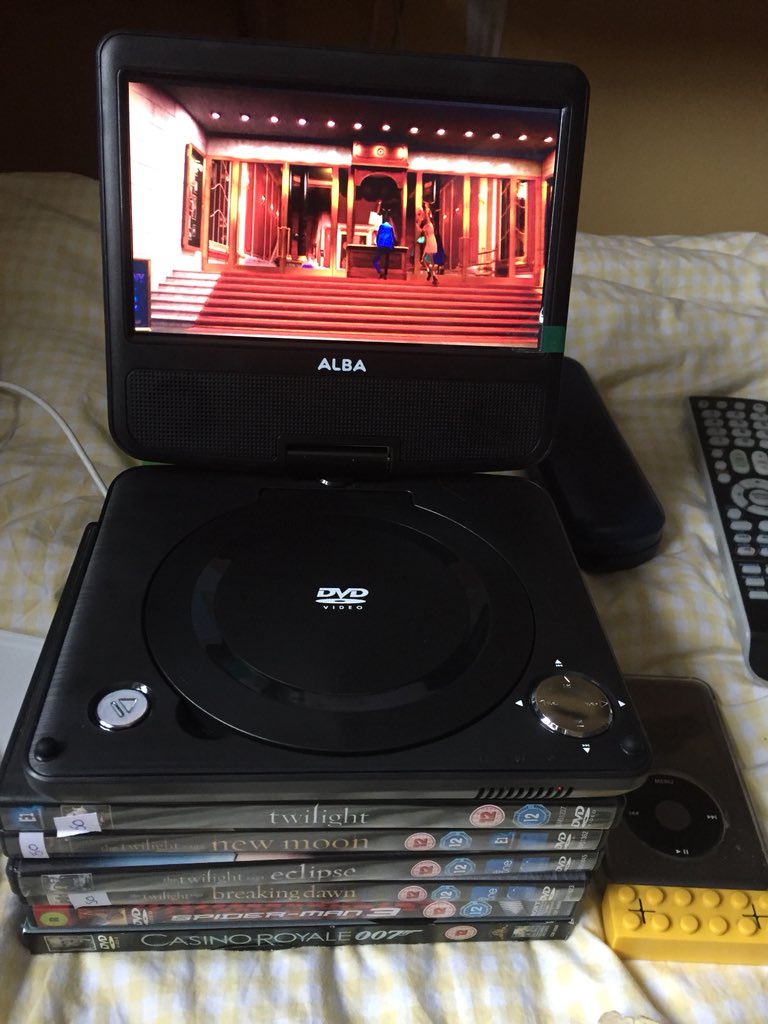 PeggGeorge's tweet photo. Look what I got from Sainsbury’s Argos today! A portable DVD player! #portabledvdplayer #sing #twilight #sainsburys #argos #spiderman3 #casinoroyale https://t.co/Q80zCvbRJ0