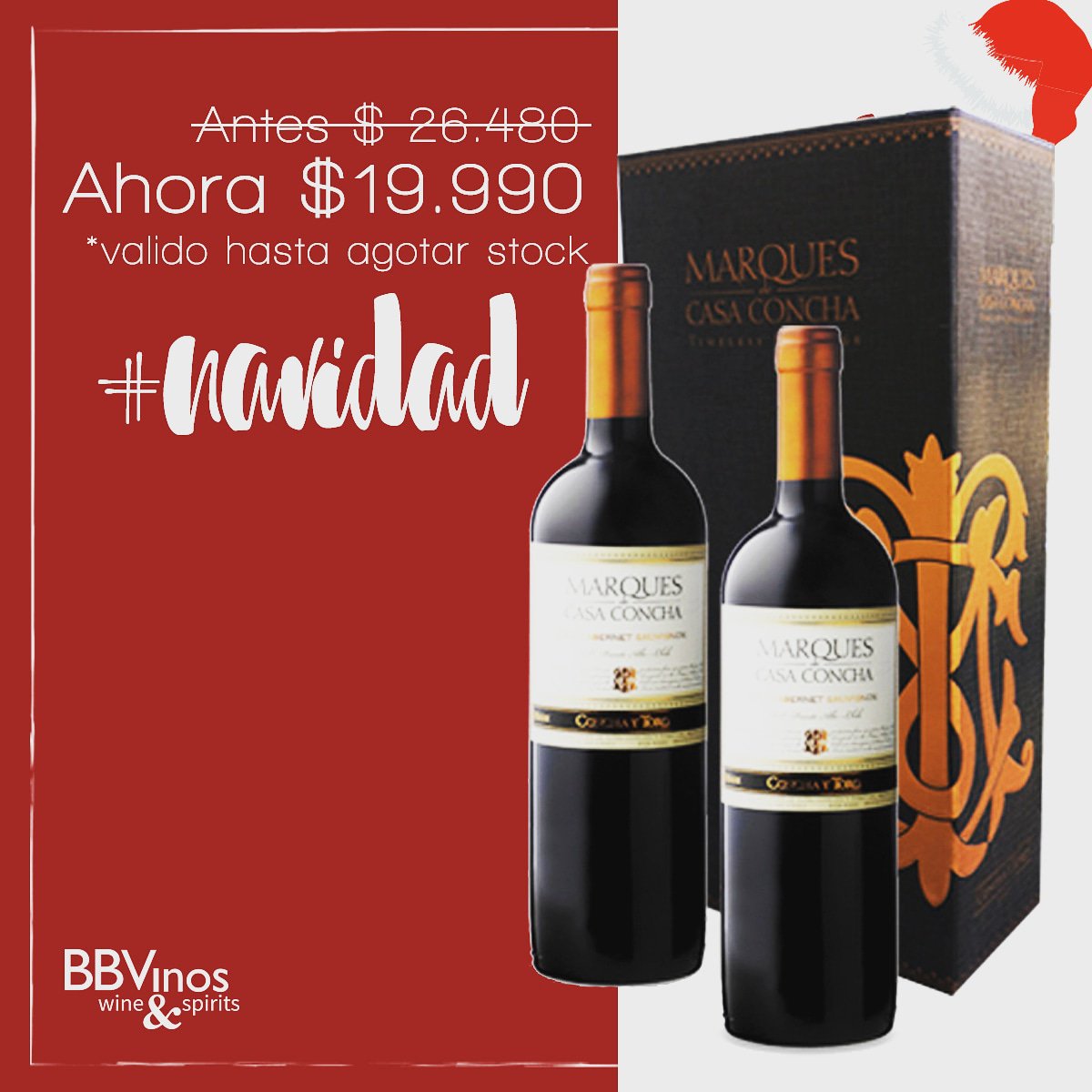 Aprovecha los últimos días, encuentra tusregalos de navidad a precios increíbles! PackMarqués 2 botellas carmenere y merlot, a sólo
19.980! *válido hasta agotar stock