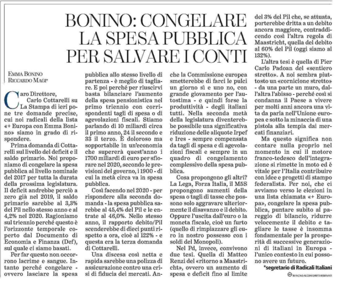 "Congelare è meglio di tagliare" (sottinteso: la spesa pubblica)
Così la Bonino, fondatrice di "+ Europa", quelli che dicono di voler  difendere i nostri salari e i nostri risparmi (sottininteso: di chi ancora ce li ha). Insomma, la destra liberista che piace anche a sinistra