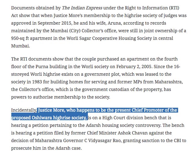 How can Bombay HC Judge Ranjit More who at present Chief Promoter of the proposed Oshiwara highrise society be allowed to hear a petition pertaining to the  #AdarshScam?Only in IndiaVery possible he made a deal to let go Ashok Chavan