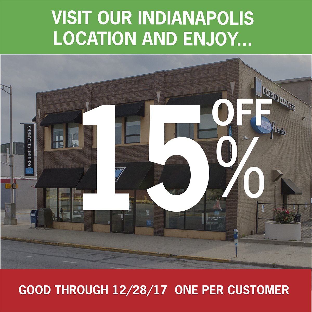 DeeringCleaners's tweet photo. Deering Cleaners Downtown has two locations in Indianapolis. Ideal convenience for people commuting or living downtown. Visit us for 15% off your ticket through 12/28/2017. One per person please. https://t.co/bbNwAGw9Vh https://t.co/s3NHulAEuE