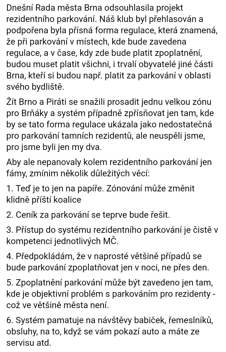 Náměstek Hollan ke schválené podobě rezidentního parkování.