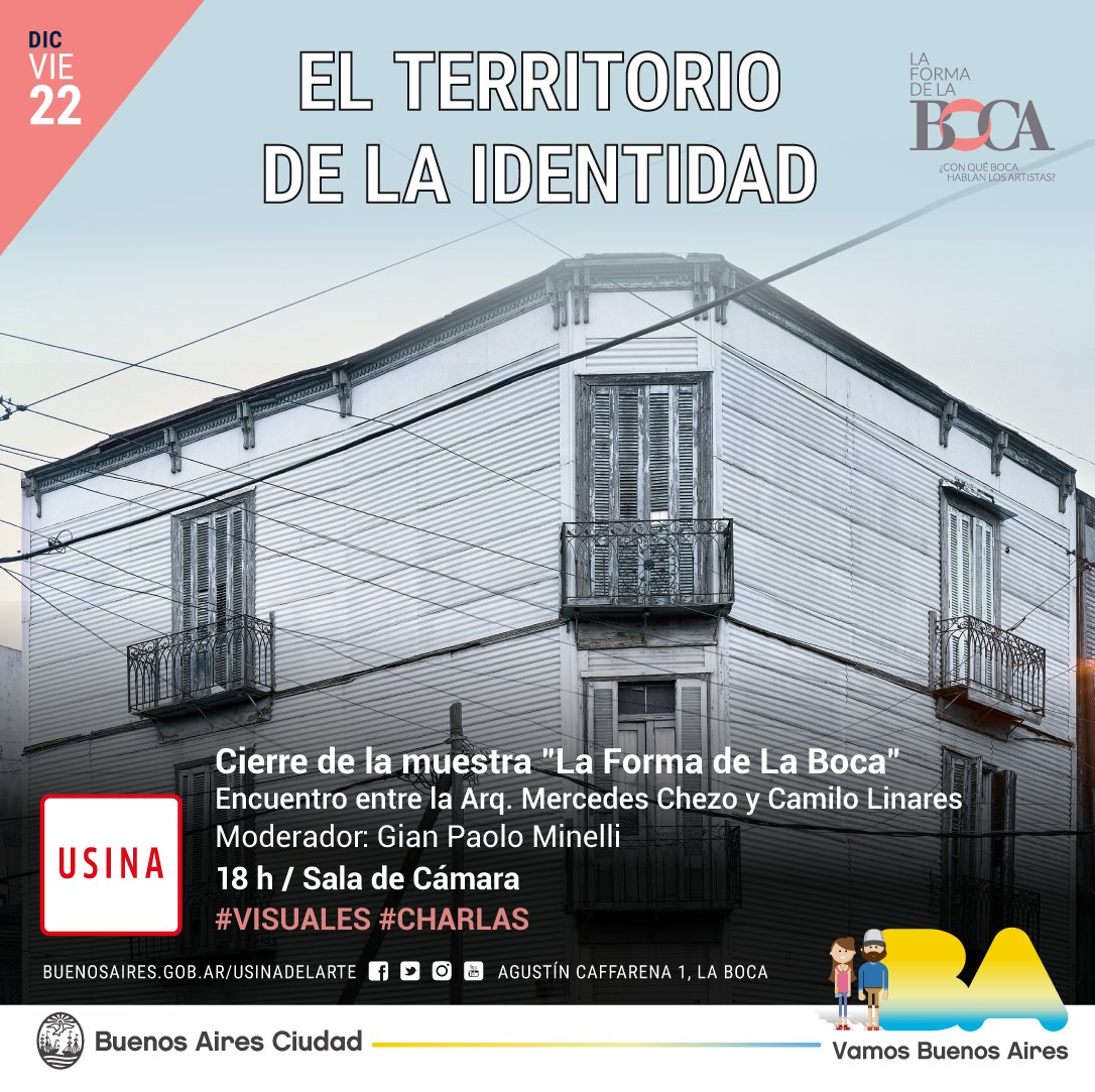 #HOY >> Los arquitectos Mercedes Chezo y Camilo Linares se reúnen con el artista Gian Paolo Minelli en la #UsinaDelArte para brindar una charla abierta sobre el entorno del barrio de #LaBoca
👉 VIE 22/12 | 18h | #SalaDeCámara
#Gratis
+ info: bit.ly/2oMjcXL