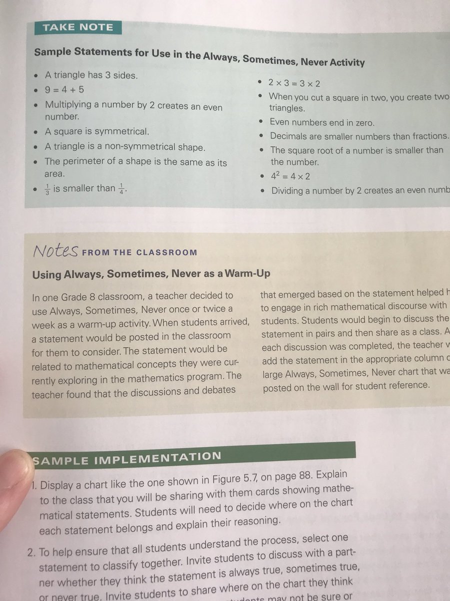 mstamp36's tweet photo. Love this routine math idea. Always, Sometimes, Never. Look at some of the statements on this list that could start some math arguments! 1/3 is smaller than 1/4? Excited to try this in a class after break. #tldsblearns#iteachmath https://t.co/7SYfSg6O5v