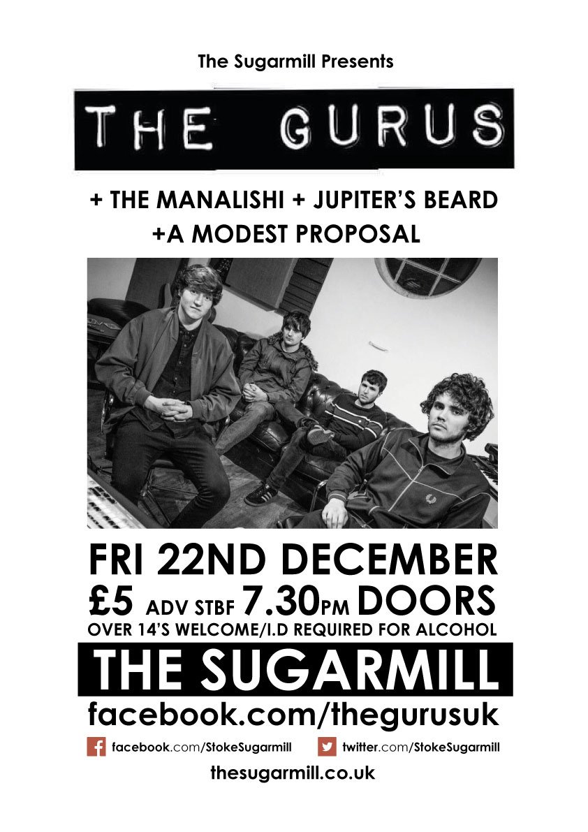 SugarmillStoke's tweet photo. *TONIGHT*
It's @thegurusuk last ever gig!
Join us as we wish them a warm, festive farewell. 
Also on the bill will be @TheManalishiUK, Jupiter's Beard and A Modest Proposal (Marquee).
All this will be followed by our Electric Friday's BUY ONE GET ONE FREE club night. https://t.co/rJahoOSb4f