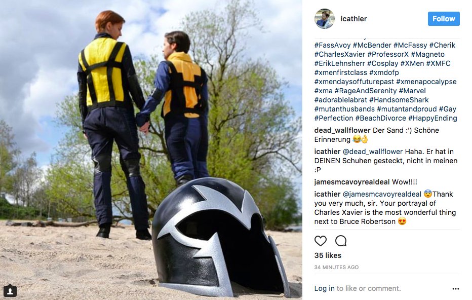 takkyou's tweet photo. え、なになにマカヴォイがFCのラストでエリックがヘルメットを脱いでチャールズの元に戻ったというコスプレ写真にコメントしたって？やだこわい！タグから見つけ出してきたっぽいのが余計にこわい！https://t.co/JgJvvQcWYZ https://t.co/3UWR6sec1b
