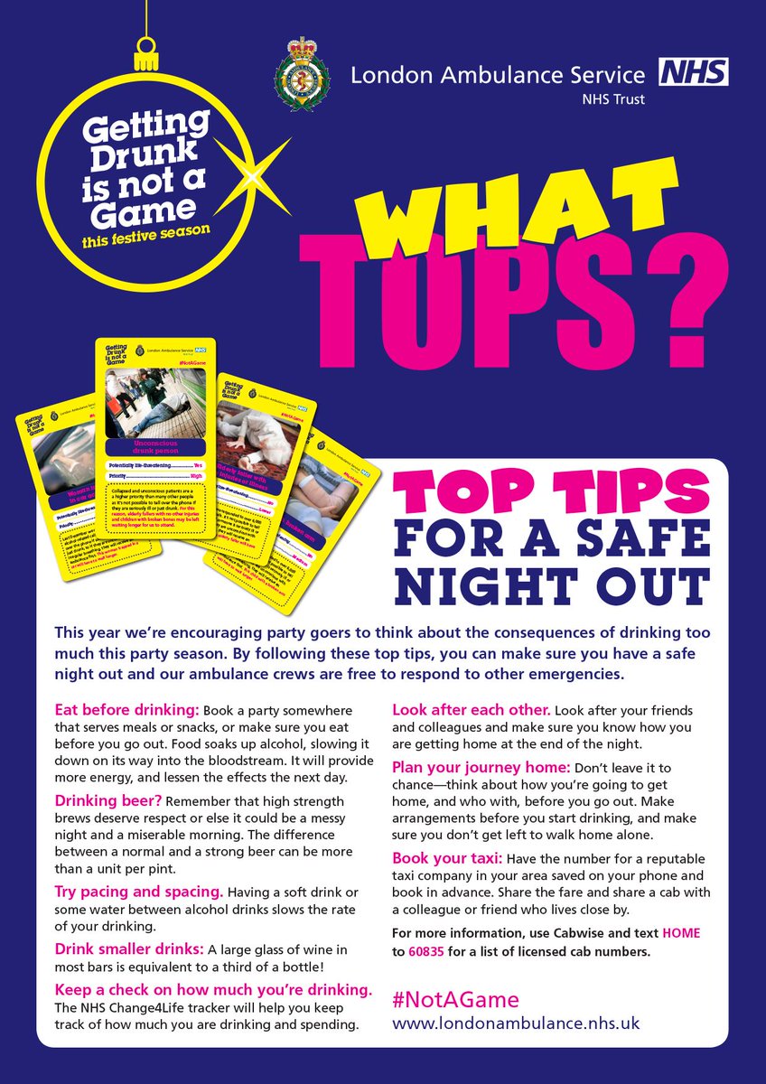 🎶 On the 10th day of Christmas, <a href="/Ldn_Ambulance/">London Ambulance Service</a> gave to me…tips to stop me getting tipsy 🎶
 
Heading out for a pre-Christmas party this evening? Have a meal before you start drinking and look after your friends, so everyone gets home safely. 
#12DaysofChristmas