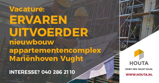 Vacature: 'Uitvoerder'
Houta houdt van bouwen. Aan splinternieuwe en bestaande projecten, aan partnerships én aan carrières.  Wij hebben plaats voor een Uitvoerder die als moderne Bouwplaatsmanager de dagelijkse leiding heeft op één van onze bouwprojecten. Kom jij ons versterken?
