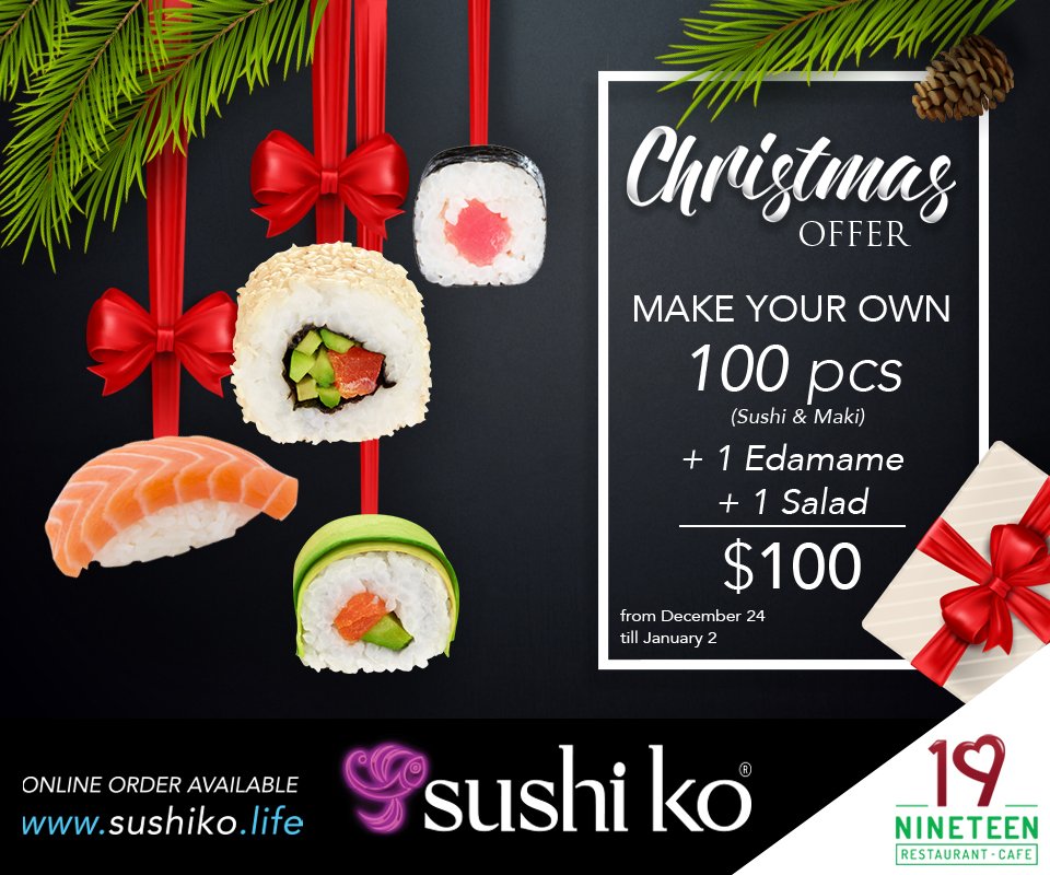 Nineteen_Resto's tweet photo. It's the sushi ko's Christmas offer! 🌲🎅
Starting 24th of December benefit from the offer! 🍣🍜🍱
#Christmas2017 #Sushiholics #ItsTheMostWonderfulTimeOfTheYear https://t.co/OifYZ8OSnD