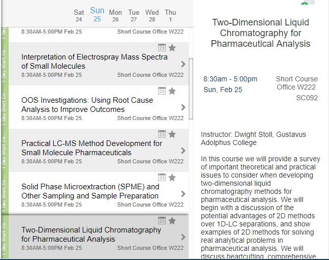 A one-day short course on 2D-LC for pharmaceutical analysis is planned for Pittcon 2018 in Orlando.
