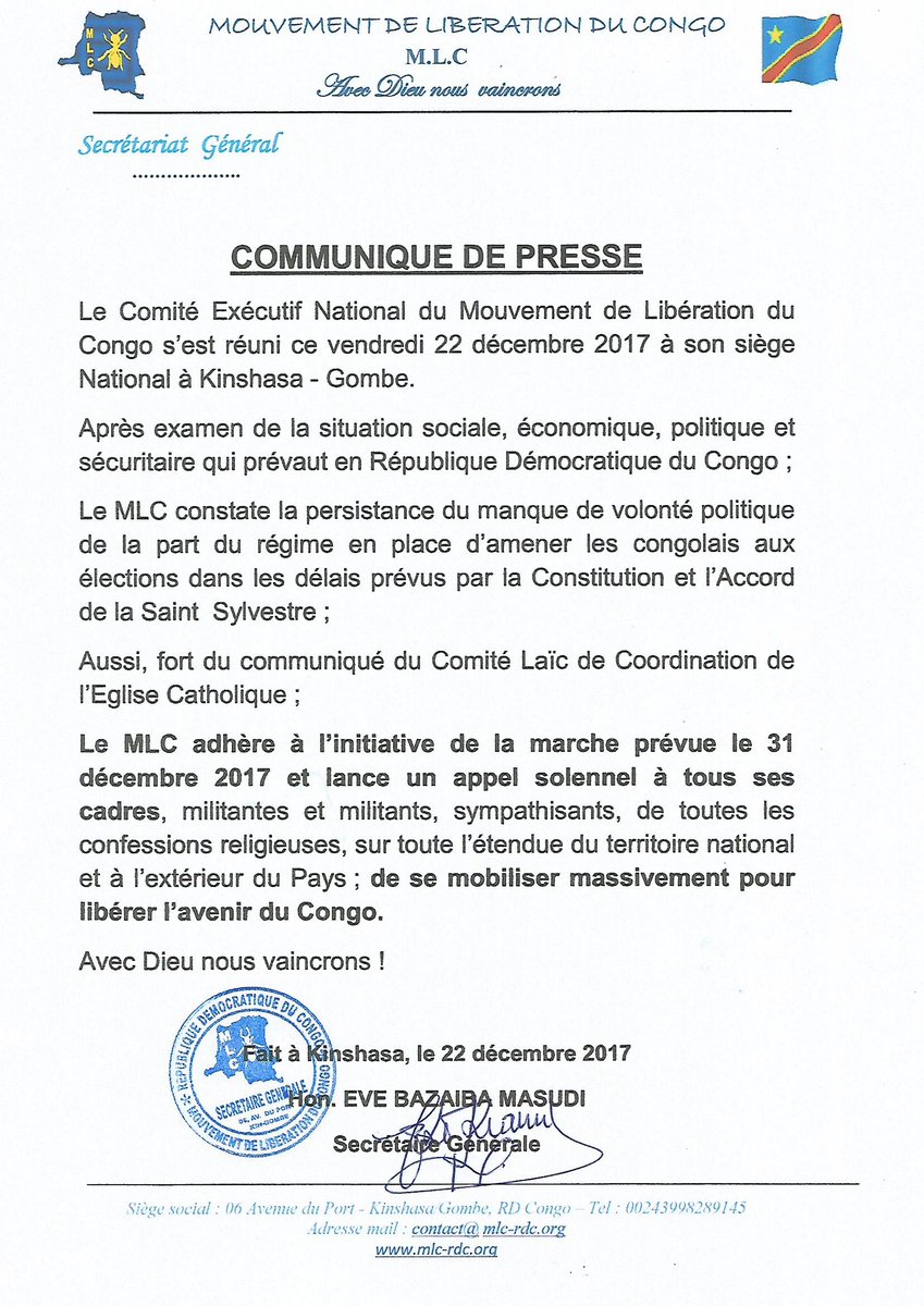 Evebazaiba's tweet photo. #RDC, le MLC soutient la marche du 31 décembre 2017 et demande aux congolais de libérer l'avenir de la RDC @TopCongo @RFIAfrique @bbcafrique @radiookapi https://t.co/enRQO0oSRI