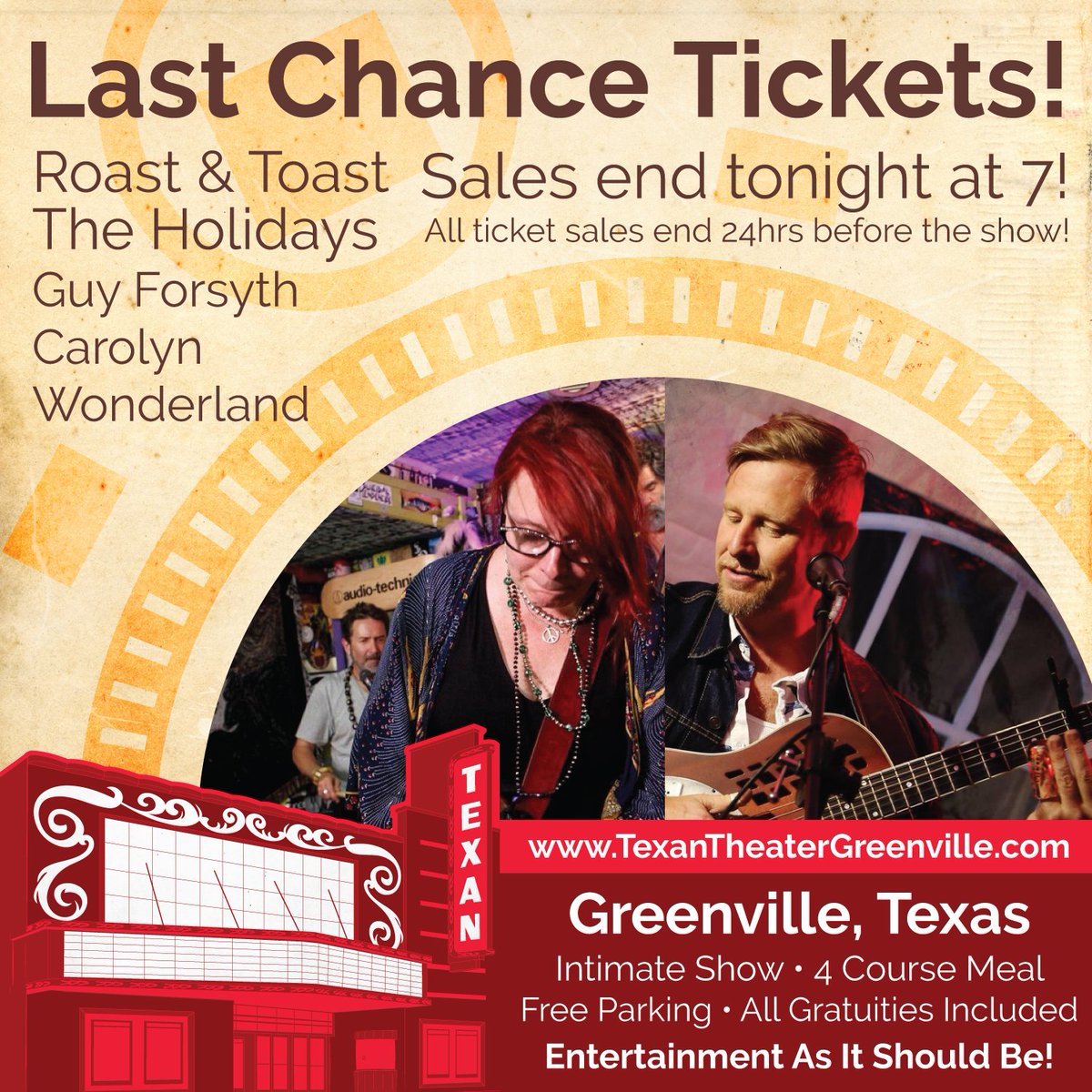 Last chance to buy tickets! | Guy Forsyth &amp; Carolyn Wonderland | Ticket sales end tonight at 7! goo.gl/P7rzFb Come enjoy an intimate show with close free parking, full 4 course dinner, luxurious seating, table service, and all gratuities included!