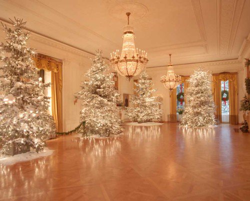 OurPresidents's tweet photo. In 1889, Benjamin Harrison became the first President to have a live Christmas tree in the White House residence. He took part in decorating the tree with tinsel and popcorn. The East Room of the White House filled with Christmas trees on 12/13/85. 

Photo @Reagan_Library https://t.co/tRzdGSE68D