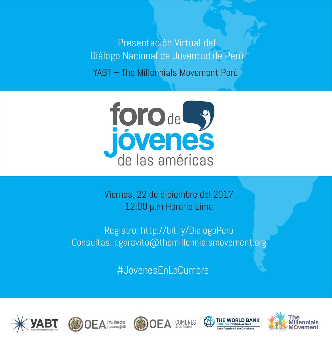 YABTs's tweet photo. #Perú Hoy tendremos la Sesión Informativa sobre la convocatoria de diálogos locales previos al Diálogo Nacional de Juventud en Perú entre #YABT y #MillennialsMovement. Entérate ingresando en https://t.co/40bq4y92bl #JóvenesEnLaCumbre https://t.co/LkiKqI4Lsd