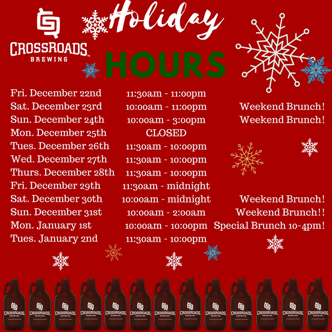 crossroadscraft's tweet image. Happy Holidays from CrossRoads Brewing! Join us for a little cheer with special holiday hours! #bccraftbeer #crossroads #crossroadsbrewing #craftbeer #princegeorge #takeonpg #brunch #holidays #christmas #newyearseve