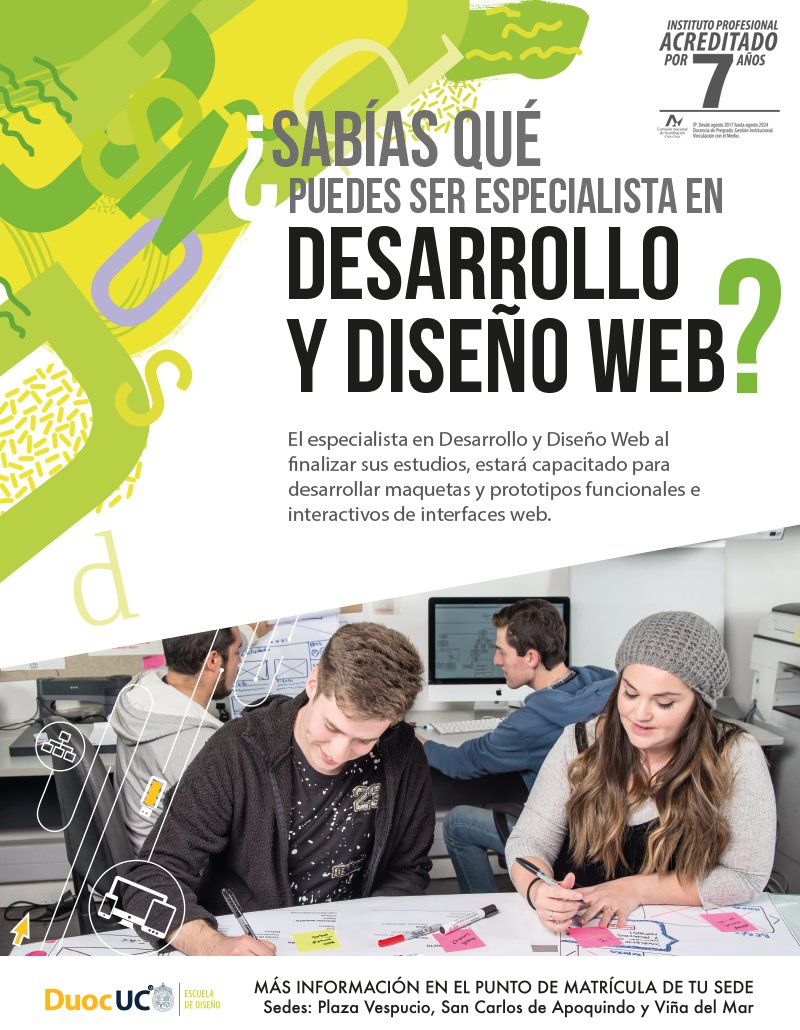 NUEVA CARRERA: En Desarrollo y Diseño Web en Duoc UC aprenderás en forma práctica  Arquitectura y Diseño de Interfaces Web, Desarrollo Front End, Implementación de Framenworks y Gestión de Proyectos y Servicios. +info en duoc.cl/carrera/desarr…