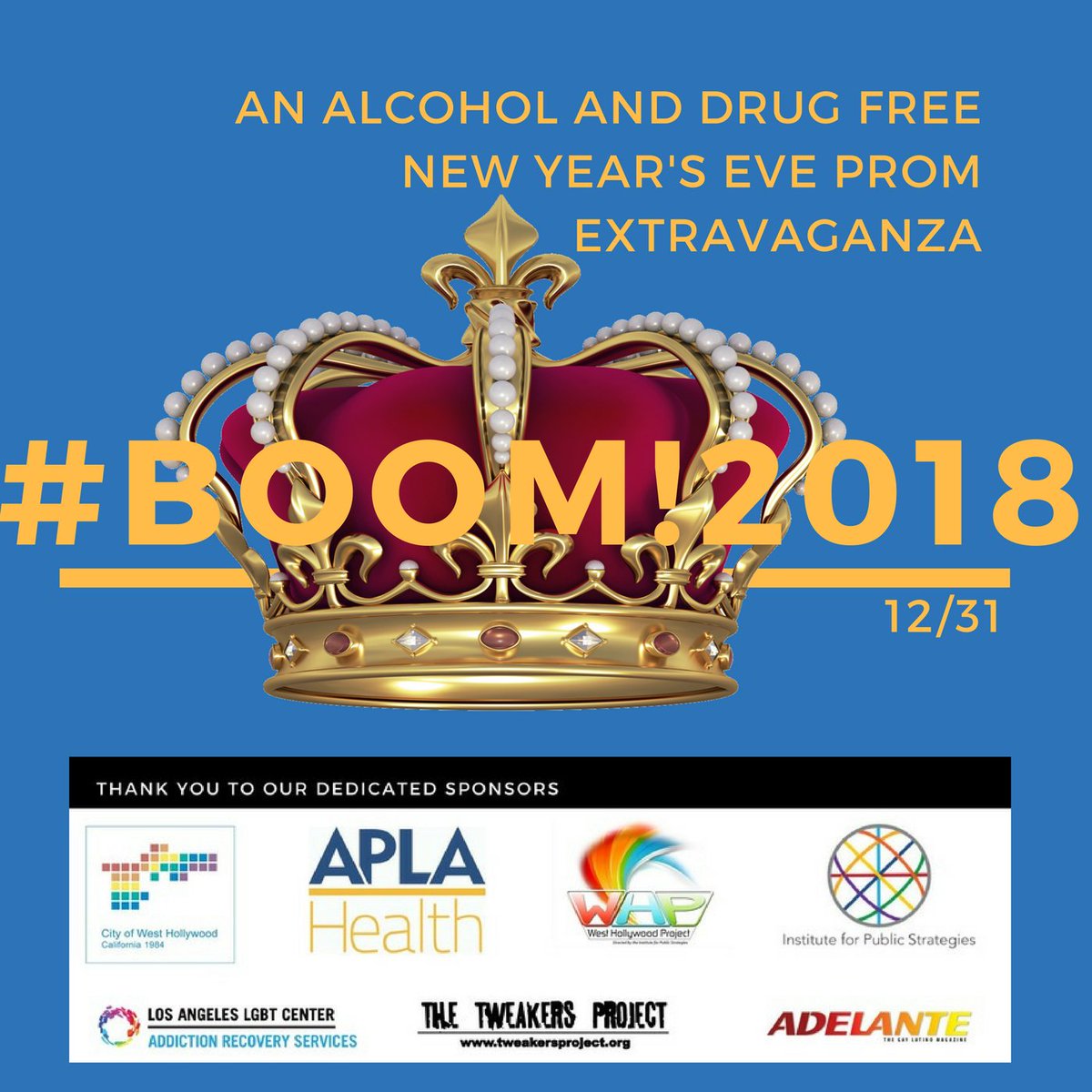 WeHoBOOM's tweet photo. The HOLIDAY SEASON IS IN FULL EFFECT! Join us for #BOOM! 2018 NYE Prom Extravaganza on Dec 31st. from 8pm-1am at West Hollywood Park! Bring friends or make new one's while you enjoy an alcohol and drug-free night with us! https://t.co/qa22aiVjvR