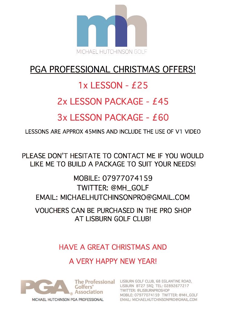 MH_golf's tweet photo. Shameless plug time! 😀 
Vouchers available in the pro shop if you're thinking of what to get the golfer in your life! I'm working Christmas Eve if you want to pop in then! Cheers Michael #golf #lessons #pga #coaching #xmasgift #lisburngolfclub #lisburnproshop https://t.co/aWuHsj9Qti